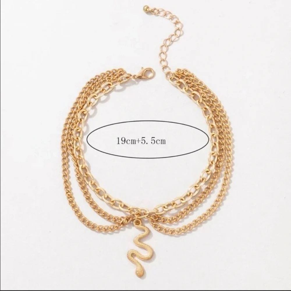Gold Snake Charm Layered Anklet for Women, Adjustable Iron Alloy Chain Anklet